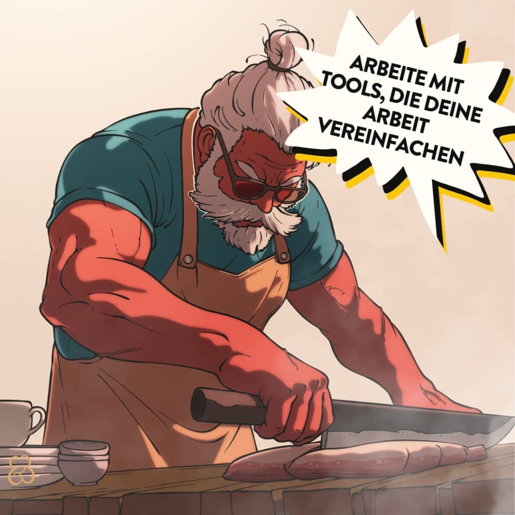 Cartoon-Chef schneidet Brot auf Holztisch